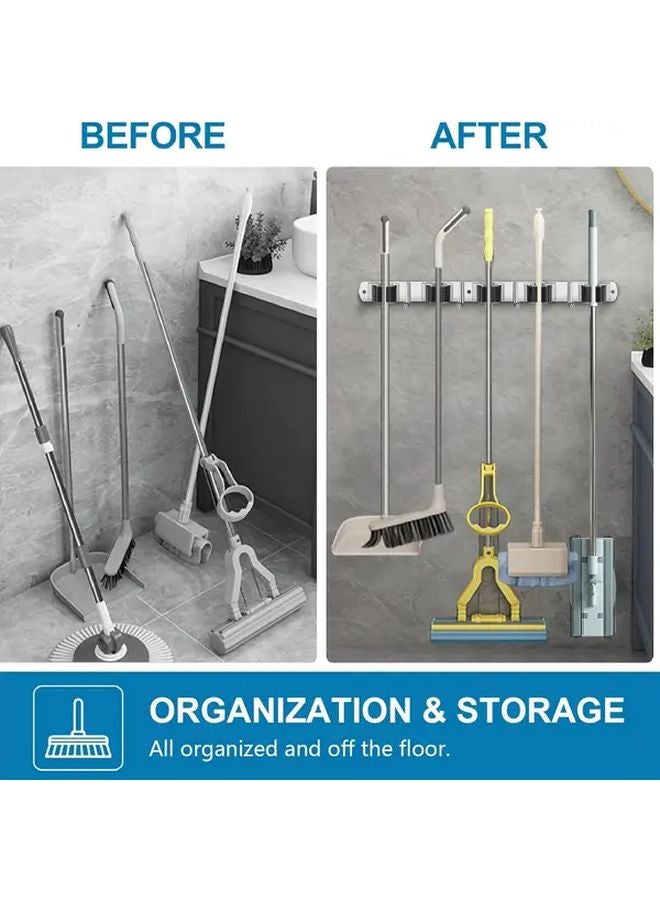 Stainless Steel Wall Mounted Mop Broom Holder With 5 Clips 4 Hooks Self Adhesive Silvery - Image 4