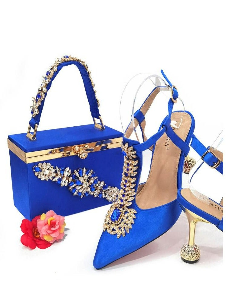 Fine Heeled Pointed Rhinestone High-Heeled Sandals 9cm+Square Rhinestone Handbag  - Image 1