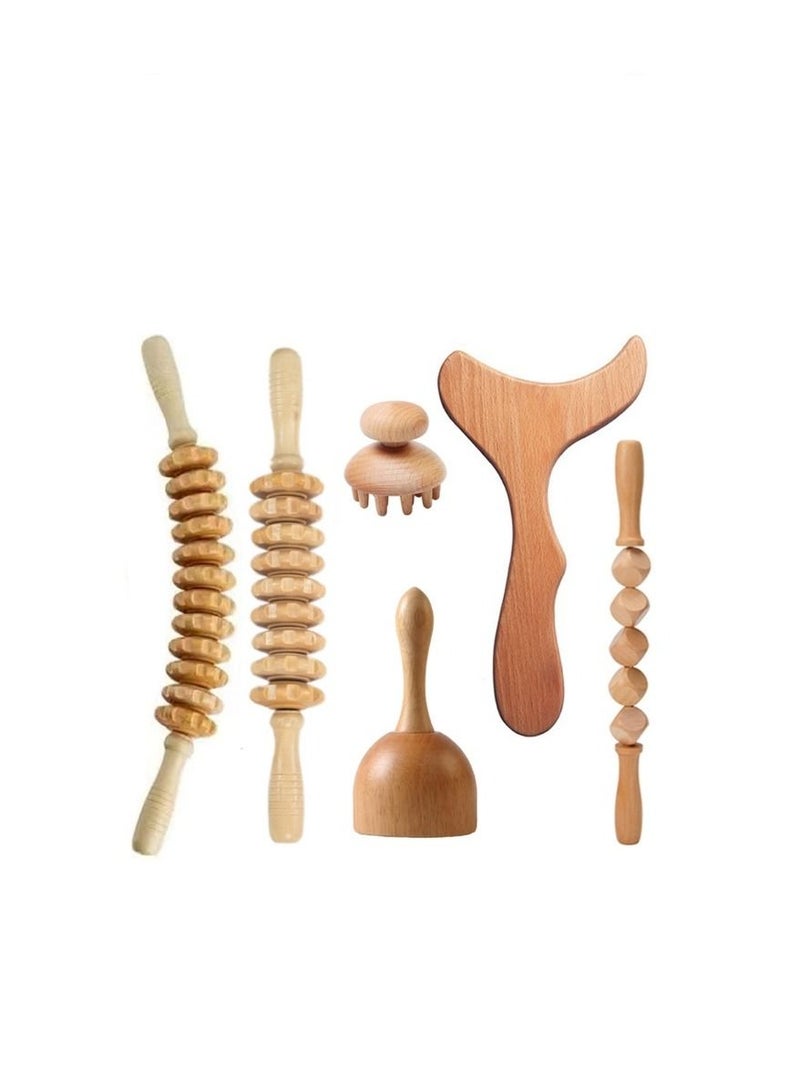 6-Piece Wood Therapy Massage Tool Lymphatic Drainage Massager Anti Cellulite Fascia Massage Roller for Full Body Muscle Pain Relief - Image 1