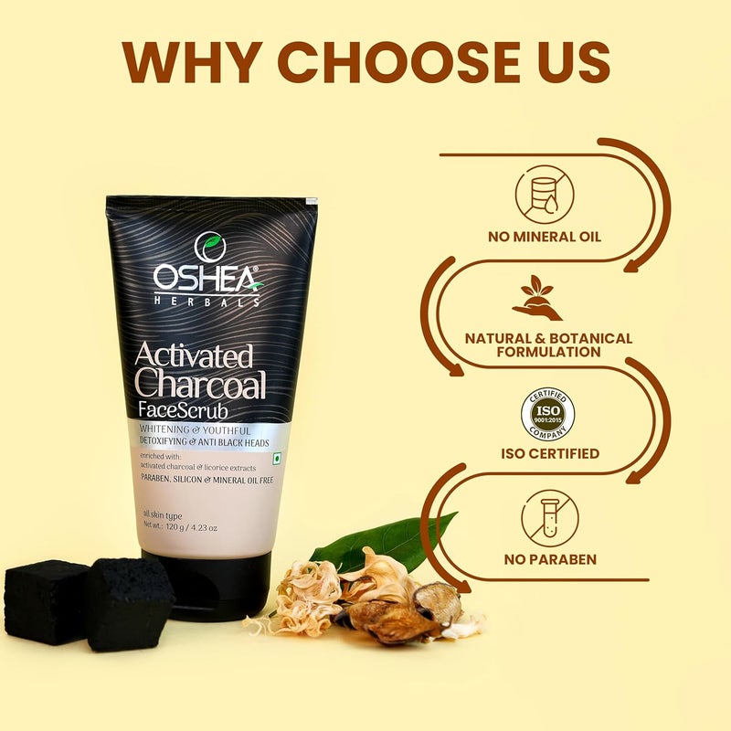 Oshea Herbals Activated Charcoal Face Scrub for All Skin Types For Whitening Youthful Anti Black Heads Enriched with Licorice Extracts Paraben Silicon Mineral Oil Free 120g Pack of 2 - Image 5