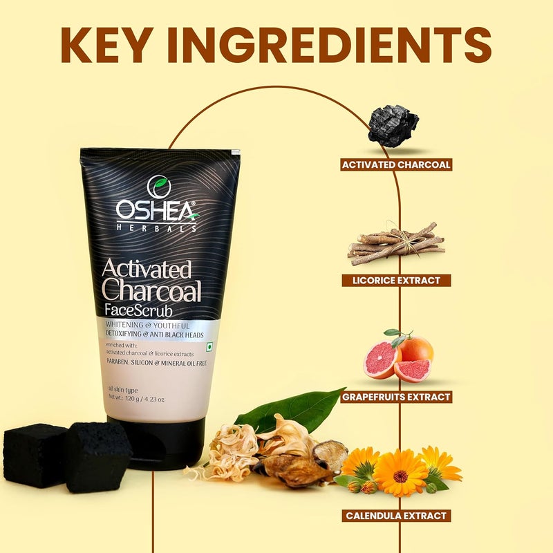 Oshea Herbals Activated Charcoal Face Scrub for All Skin Types For Whitening Youthful Anti Black Heads Enriched with Licorice Extracts Paraben Silicon Mineral Oil Free 120g Pack of 2 - Image 2