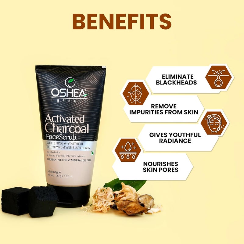 Oshea Herbals Activated Charcoal Face Scrub for All Skin Types For Whitening Youthful Anti Black Heads Enriched with Licorice Extracts Paraben Silicon Mineral Oil Free 120g Pack of 2 - Image 4