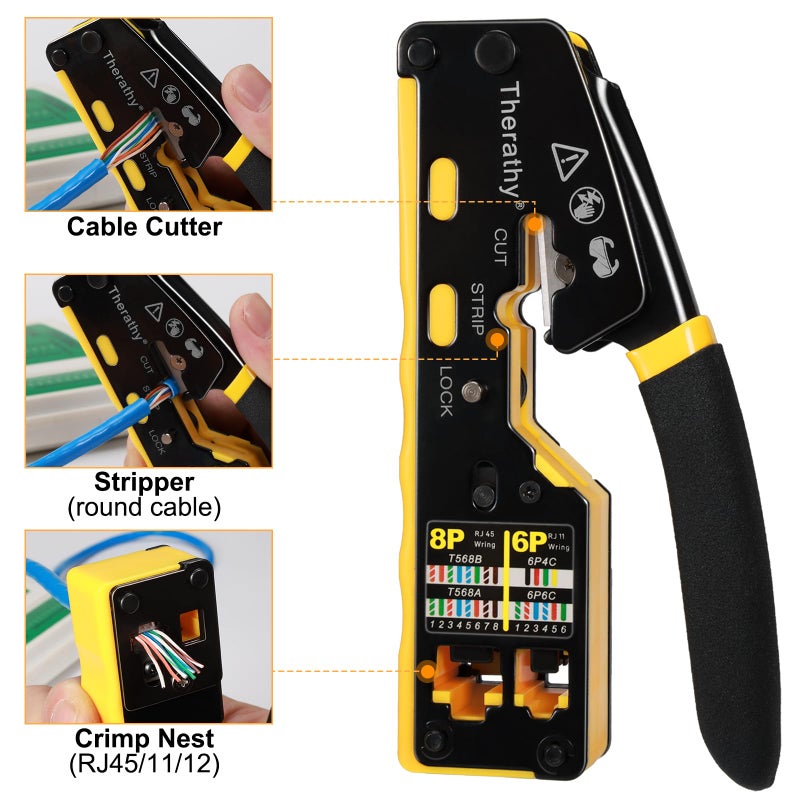 Therathy RJ45 Crimp Tool Pass Through Ethernet Crimper for Cat5e Cat6 Modular Plugs, All-in-One Cat6 Crimping Tool - Image 2