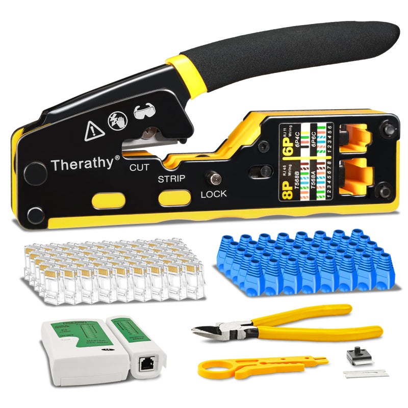 Therathy RJ45 Crimp Tool Pass Through Ethernet Crimper for Cat5e Cat6 Modular Plugs, All-in-One Cat6 Crimping Tool - Image 1