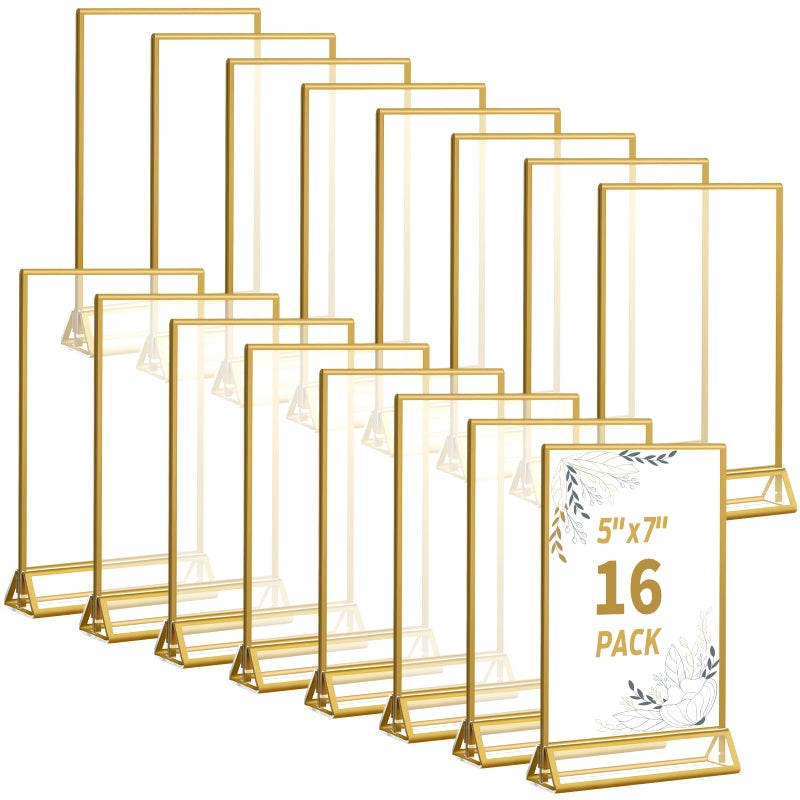 Smarpau Gold Acrylic Sign Holder 5x7 16 Pack Double Sided Display Stand Flyer Holder with Gold Borders Clear Vertical Picture Frames Sign Table Menu Display Stand for HomeOfficeWeddingParty