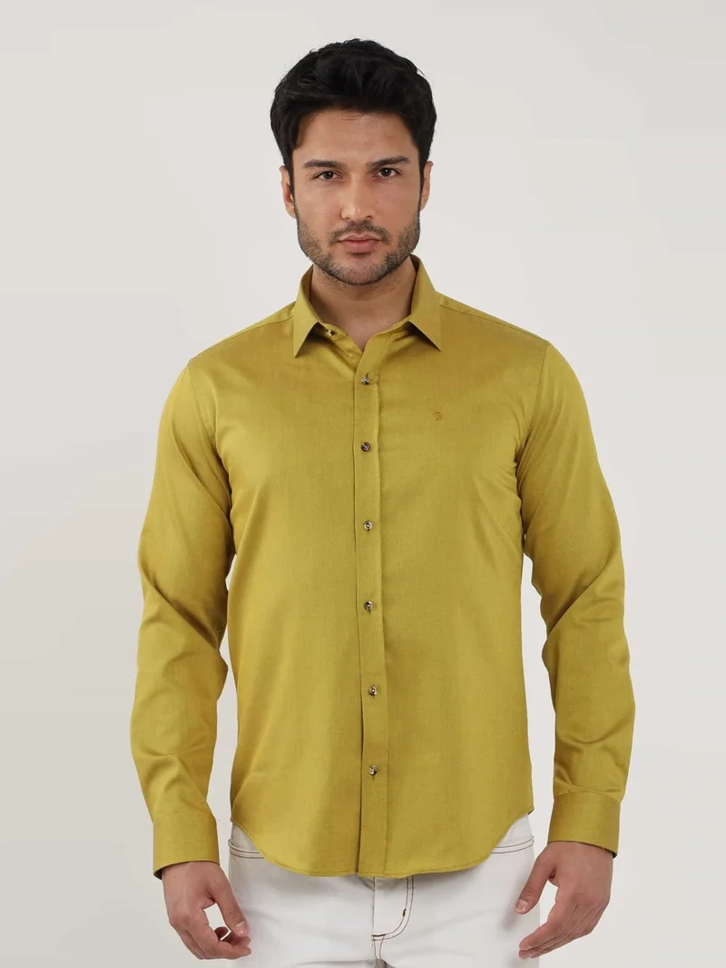 دوفي Dark Yellow Men's Slim Fit Plain Brent Collar Long Sleeve Shirt - 102499