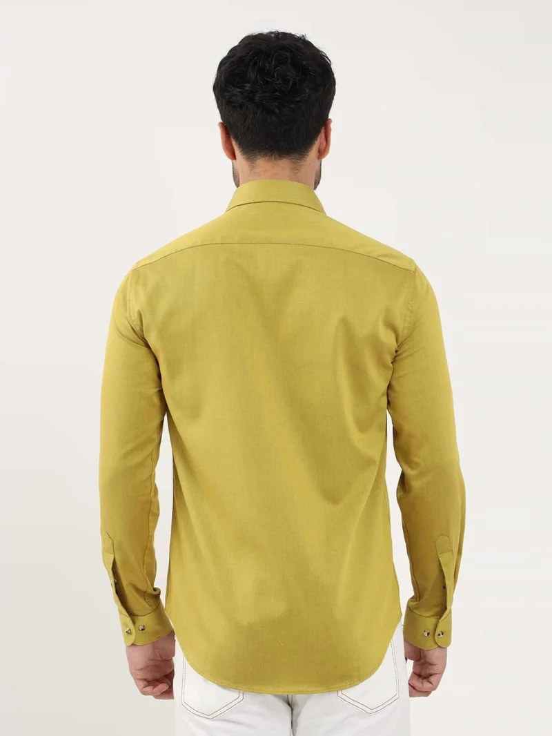 دوفي Dark Yellow Men's Slim Fit Plain Brent Collar Long Sleeve Shirt - 102499