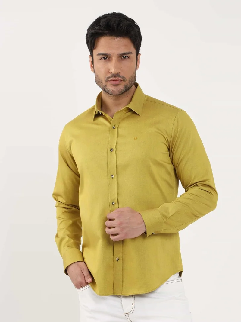 دوفي Dark Yellow Men's Slim Fit Plain Brent Collar Long Sleeve Shirt - 102499