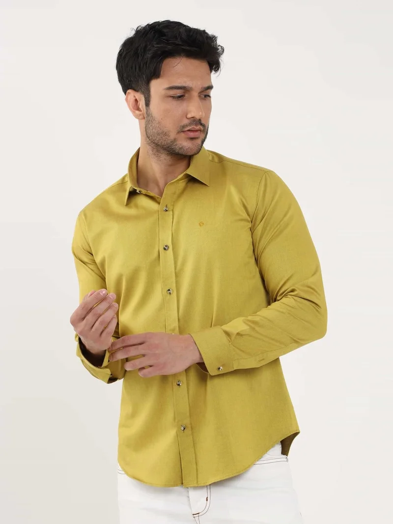دوفي Dark Yellow Men's Slim Fit Plain Brent Collar Long Sleeve Shirt - 102499