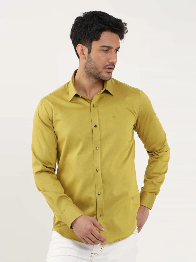 دوفي Dark Yellow Men's Slim Fit Plain Brent Collar Long Sleeve Shirt - 102499