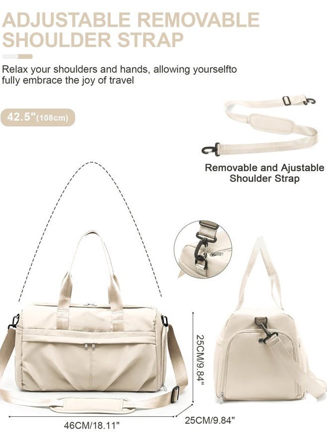 livbote Gym Bag for Women Men with Shoe Compartment, Sport Duffel Bag, Waterproof Travel Weekender Overnight Carry on Bag for Yoga with Trolley Sleeve, Beige, A6-Beige, Shoe Compartment - Image 3