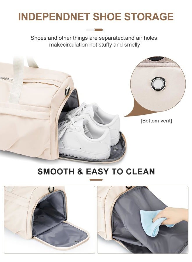 livbote Gym Bag for Women Men with Shoe Compartment, Sport Duffel Bag, Waterproof Travel Weekender Overnight Carry on Bag for Yoga with Trolley Sleeve, Beige, A6-Beige, Shoe Compartment - Image 5