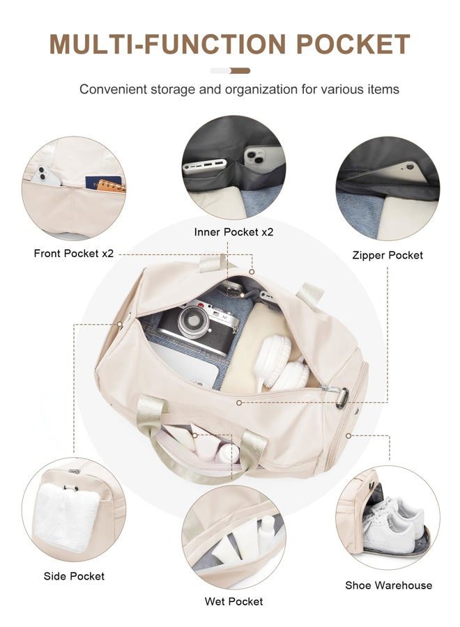 livbote Gym Bag for Women Men with Shoe Compartment, Sport Duffel Bag, Waterproof Travel Weekender Overnight Carry on Bag for Yoga with Trolley Sleeve, Beige, A6-Beige, Shoe Compartment - Image 4