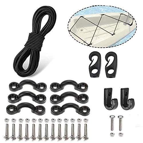 PERCARE Premium Kayak Bungee Cord Deck Rigging Kit 8 Feet Black with Screws and 2 J-Hooks, Boat Canoe Accessory Outfitting Fishing Storage Bungee Kit Tie Down Pad Eye with Screw and Lashing Hook - Image 1