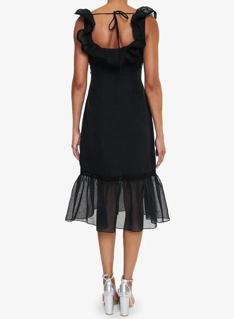 ترو ديكادينس Alberta Black Linen Tiered Hem Midi-Dress