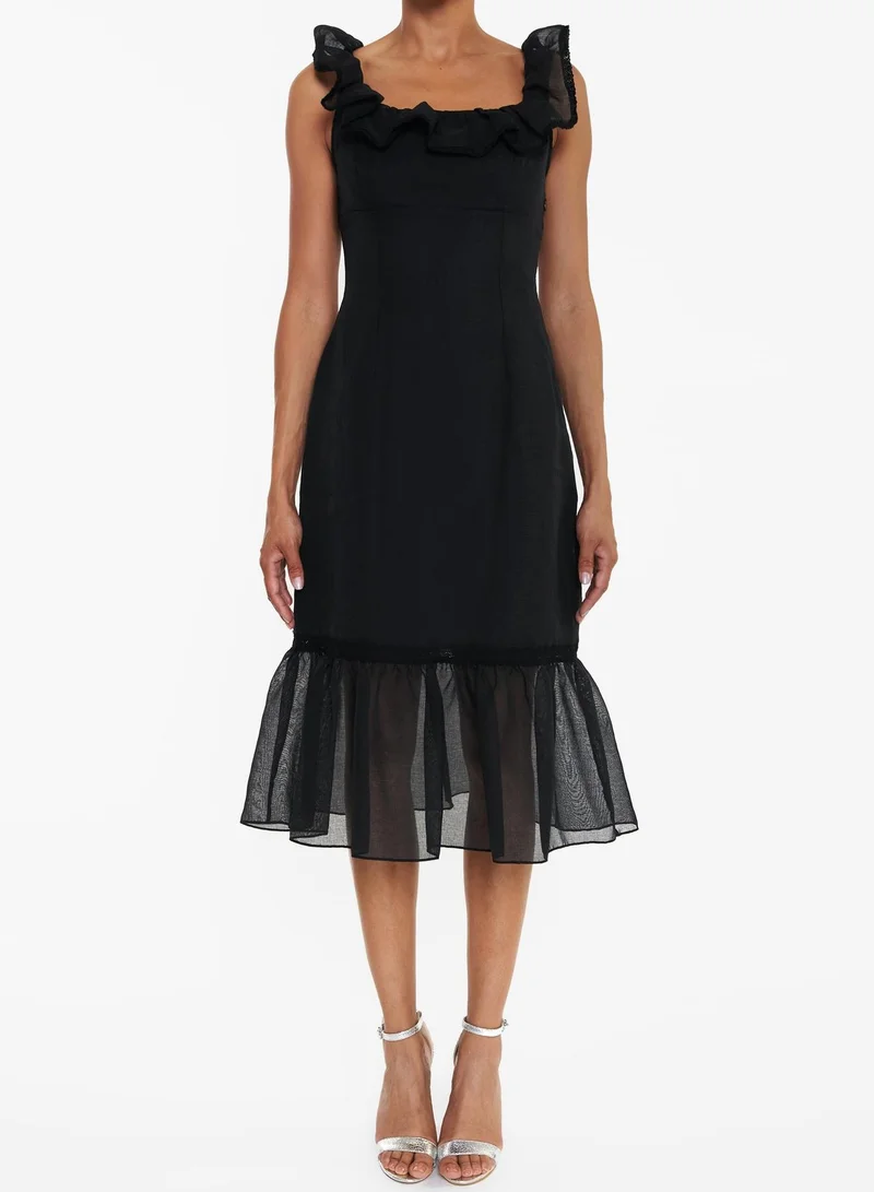 ترو ديكادينس Alberta Black Linen Tiered Hem Midi-Dress
