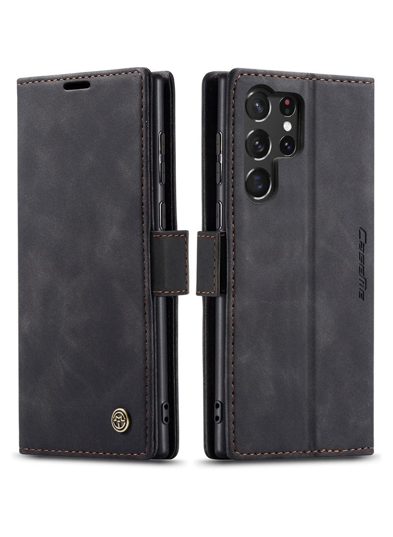 CaseMe Phone Case Luxury PU Leather Design 013 Flip Cover Card Slot Holder Cover For Samsung Galaxy S24 Ultra (Black)  - Image 1