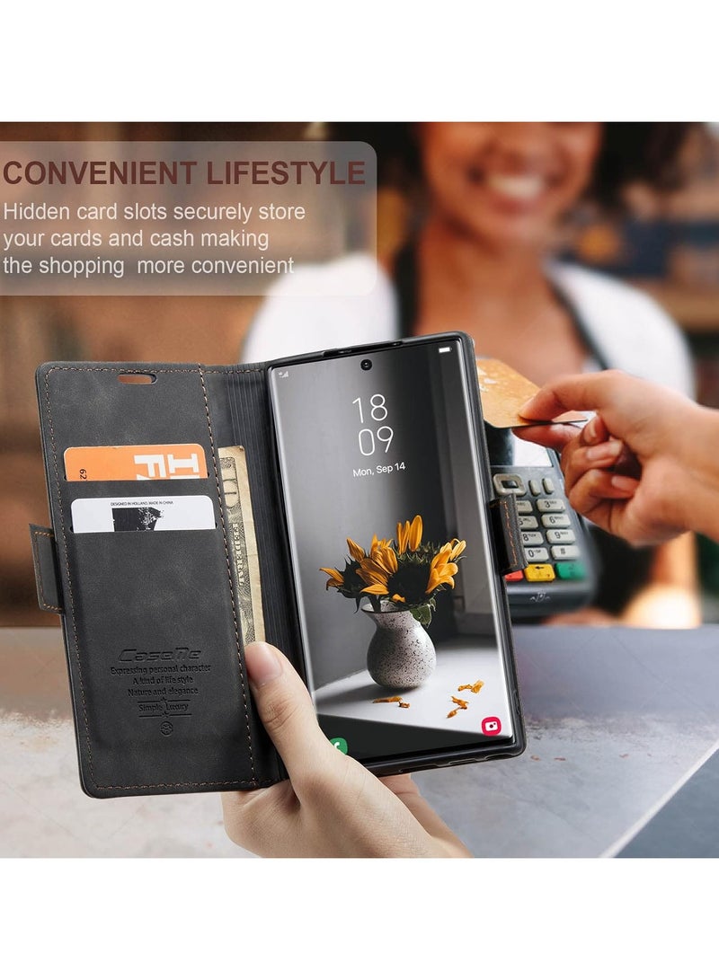 CaseMe Phone Case Luxury PU Leather Design 013 Flip Cover Card Slot Holder Cover For Samsung Galaxy S24 Ultra (Black)  - Image 4