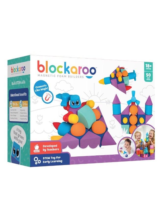 blockaroo Blue Marble Magnetic Foam Building Blocks - 50 piece Builder Set! - Image 1