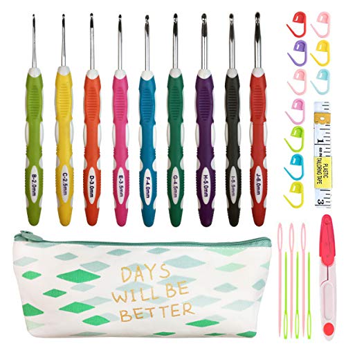 Weabetfu Latest Set of 27 PCS Ergonomic Crochet Hooks Set with Case Extra Long Soft Grip Handles Crochet Hook Needles for Arthritic Hands,Standard US Size B(2MM)-J(6MM) - Image 1