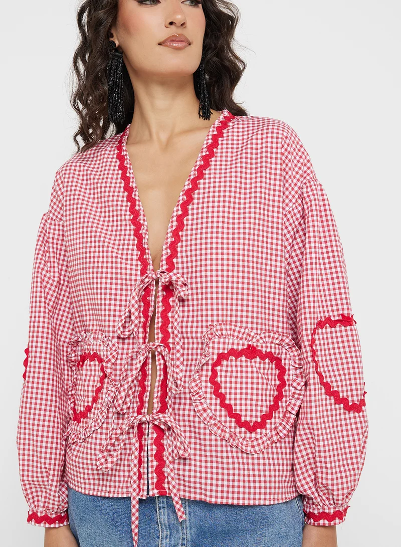 جينجر Gingham Tie Up Detail Blouse With Heart Embroidery