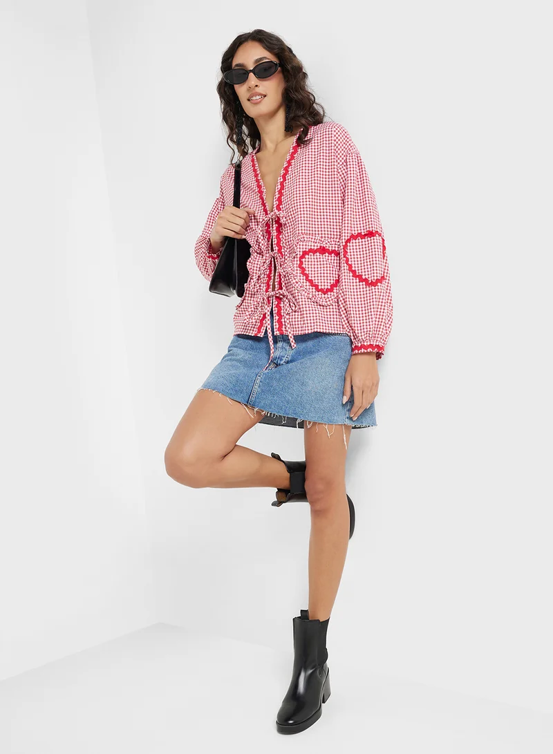 جينجر Gingham Tie Up Detail Blouse With Heart Embroidery