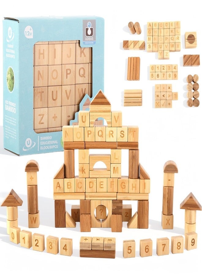 Udeas 80-Piece Wooden Alphabet Building Blocks Set - Creative ABC Letters, Numbers & Shapes Blocks for Building Castles, Rockets, Robots | Educational Stacking Toys with Math Symbols for Kids Ages - Image 1