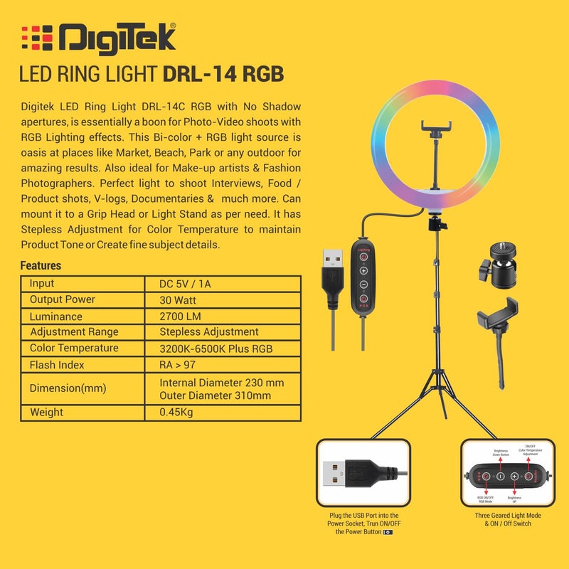 Digitek ® (DRL-14 RGB) ضوء حلقة LED متعدد الألوان بحجم 14 بوصة مع حامل للهاتف الذكي - كابل USB، 3 درجات حرارة للضوء - مثالي للتصوير الفوتوغرافي والفيديو (بدون حامل) - Image 2