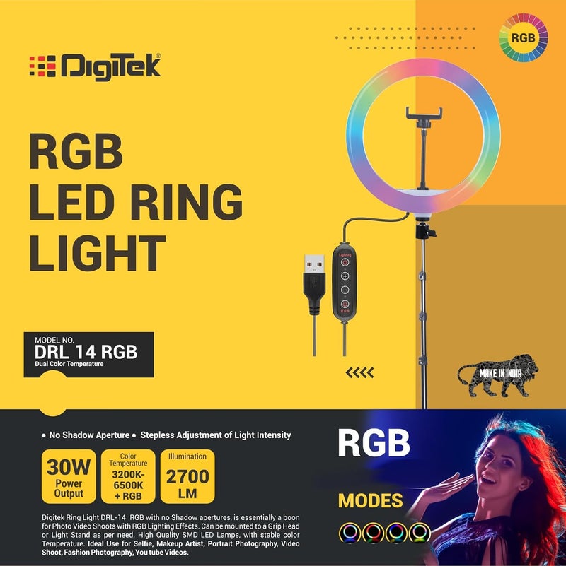Digitek ® (DRL-14 RGB) ضوء حلقة LED متعدد الألوان بحجم 14 بوصة مع حامل للهاتف الذكي - كابل USB، 3 درجات حرارة للضوء - مثالي للتصوير الفوتوغرافي والفيديو (بدون حامل) - Image 3