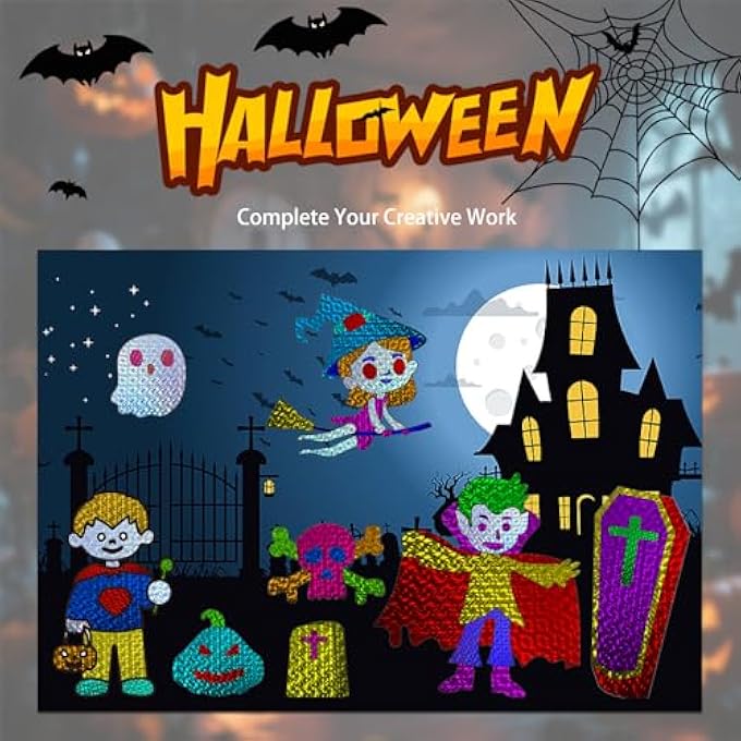 HALLOWEEN FOIL ART CRAFT SET | 8 BACKGROUND SHEETS + 8 EVA STICKERS + WOODEN PRESS STICK + 50 SHEETS 10-COLOUR FILM + 10 PAIRS OF ROUND EYES | FROM 3 YEARS | MESS-FREE CREATIVE CRAFTS FOR BOYS AND - Image 5