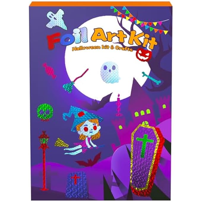 HALLOWEEN FOIL ART CRAFT SET | 8 BACKGROUND SHEETS + 8 EVA STICKERS + WOODEN PRESS STICK + 50 SHEETS 10-COLOUR FILM + 10 PAIRS OF ROUND EYES | FROM 3 YEARS | MESS-FREE CREATIVE CRAFTS FOR BOYS AND - Image 1