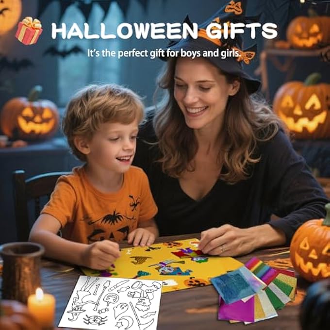 HALLOWEEN FOIL ART CRAFT SET | 8 BACKGROUND SHEETS + 8 EVA STICKERS + WOODEN PRESS STICK + 50 SHEETS 10-COLOUR FILM + 10 PAIRS OF ROUND EYES | FROM 3 YEARS | MESS-FREE CREATIVE CRAFTS FOR BOYS AND - Image 3