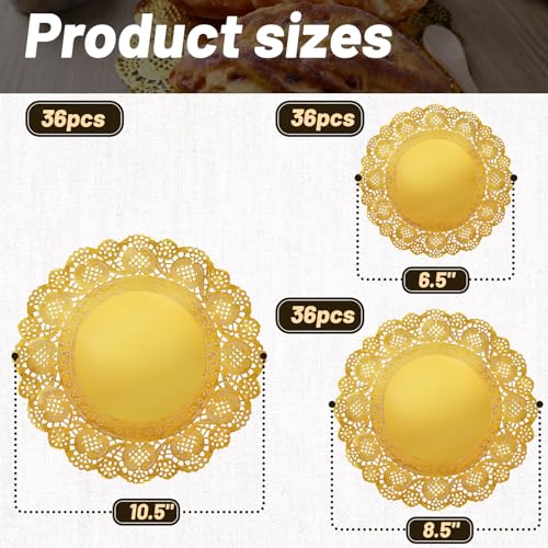 HAKSEN 108PCS Paper Lace Doilies, Gold Food Doilies Disposable Doilies 36PCS Each 6.5", 8.5", 10.5" for Baked Grilled Fried Food Tableware Decoration - Image 2