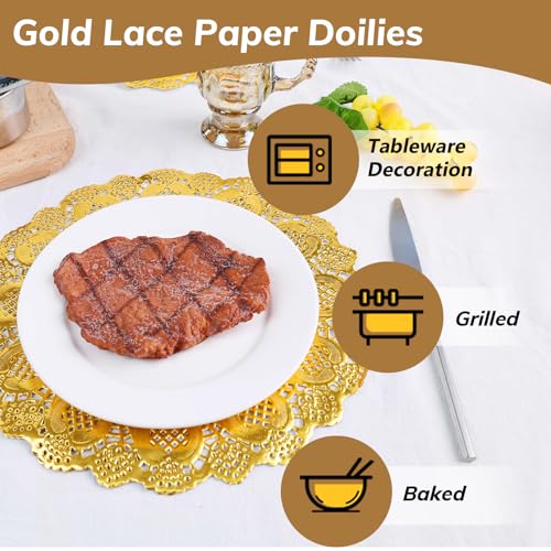HAKSEN 108PCS Paper Lace Doilies, Gold Food Doilies Disposable Doilies 36PCS Each 6.5", 8.5", 10.5" for Baked Grilled Fried Food Tableware Decoration - Image 3