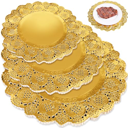 HAKSEN 108PCS Paper Lace Doilies, Gold Food Doilies Disposable Doilies 36PCS Each 6.5", 8.5", 10.5" for Baked Grilled Fried Food Tableware Decoration - Image 1