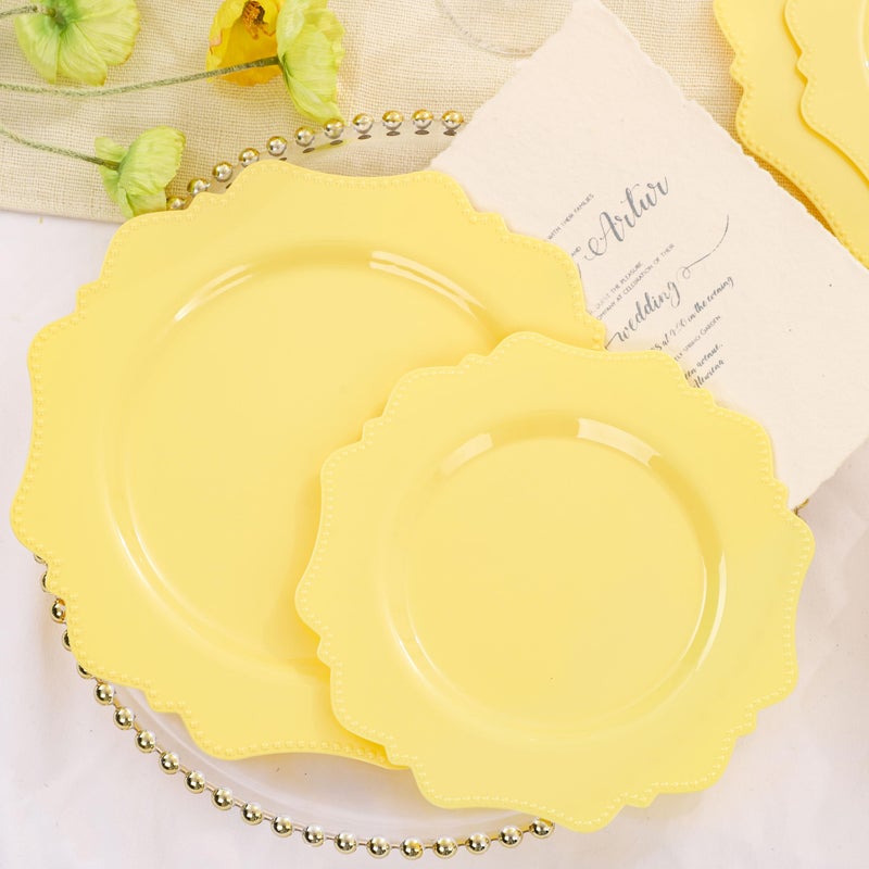 COLOSUS Disposable Lemon Yellow Plastic Plates 60Pcs, Thanksgiving Plastic Plates.,Light Baby Yellow Party Plates, Heavy Duty 30 Dinner plate 10.5" and 30 Salad/Dessert Plate 8.25" for Wedding,Party - Image 3