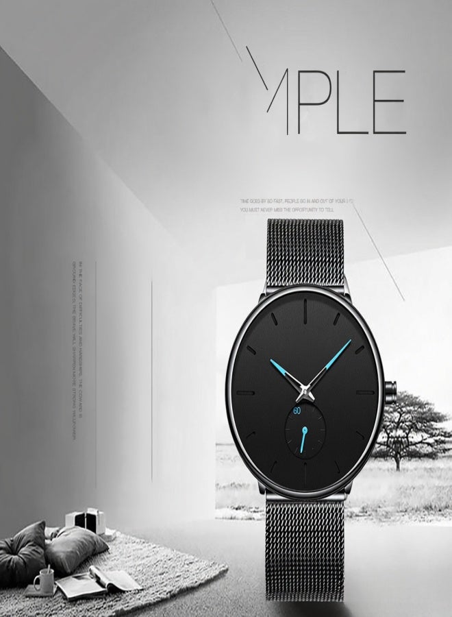 BIDEN Men Fashion Business Watch Ultra Thin Big Dial Wrist Watches Black Minimalist Mesh Band Watch - Image 2