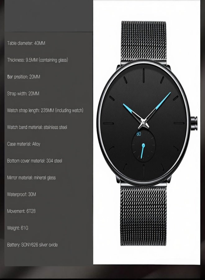 BIDEN Men Fashion Business Watch Ultra Thin Big Dial Wrist Watches Black Minimalist Mesh Band Watch - Image 3