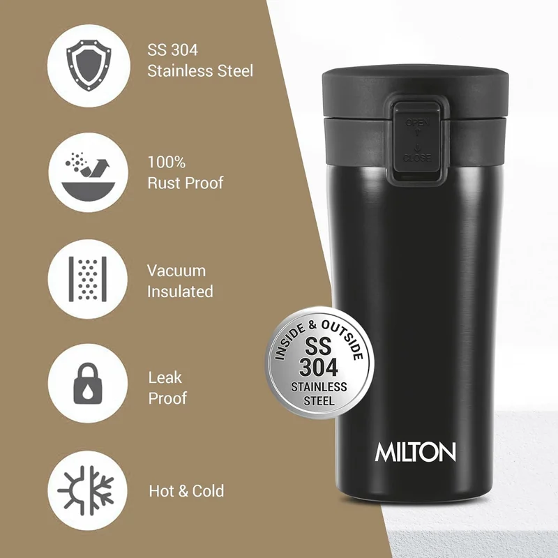 Milton Milton Thermosteel Vacuum Insulated Coffee Mug, 350 ml, Black | Hot & Cold Flask | Leak Proof | Rust Proof | Thermos | Soup Flask | Juice Mug | Water Flask | Tea Mug | Easy Grip Black 350ml