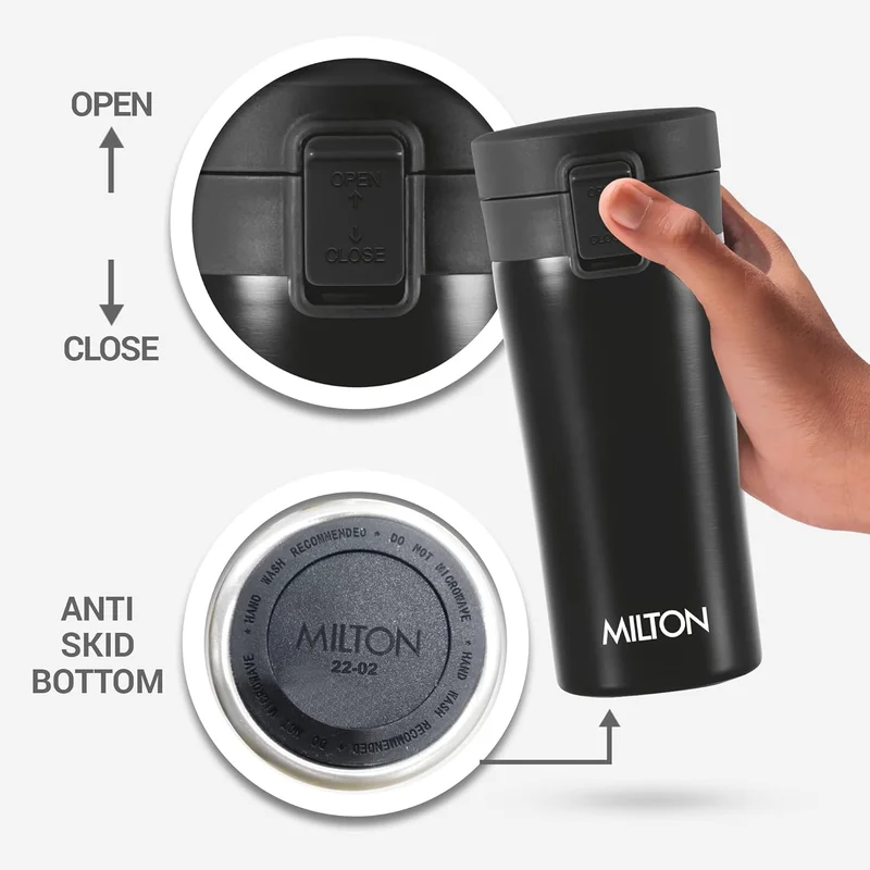 Milton Milton Thermosteel Vacuum Insulated Coffee Mug, 350 ml, Black | Hot & Cold Flask | Leak Proof | Rust Proof | Thermos | Soup Flask | Juice Mug | Water Flask | Tea Mug | Easy Grip Black 350ml