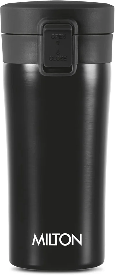 Milton Milton Thermosteel Vacuum Insulated Coffee Mug, 350 ml, Black | Hot & Cold Flask | Leak Proof | Rust Proof | Thermos | Soup Flask | Juice Mug | Water Flask | Tea Mug | Easy Grip Black 350ml