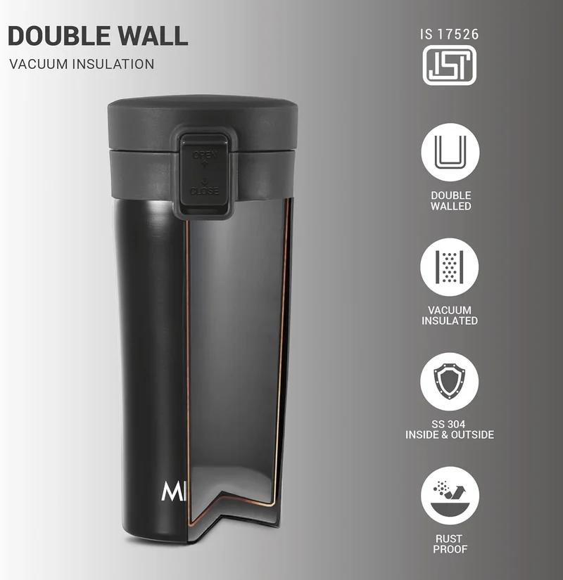 Milton Milton Thermosteel Vacuum Insulated Coffee Mug, 350 ml, Black | Hot & Cold Flask | Leak Proof | Rust Proof | Thermos | Soup Flask | Juice Mug | Water Flask | Tea Mug | Easy Grip Black 350ml