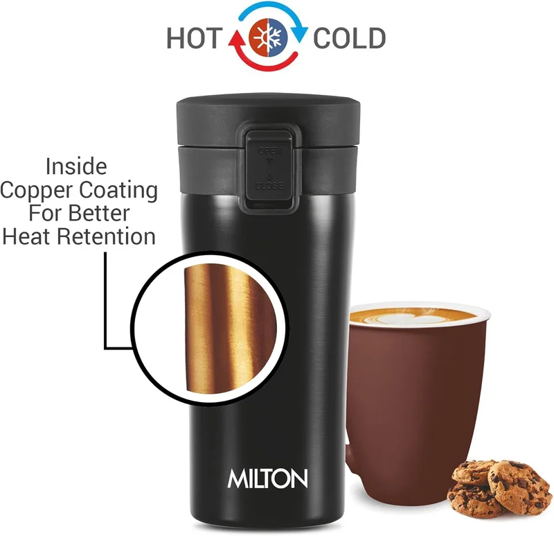 Milton Milton Thermosteel Vacuum Insulated Coffee Mug, 350 ml, Black | Hot & Cold Flask | Leak Proof | Rust Proof | Thermos | Soup Flask | Juice Mug | Water Flask | Tea Mug | Easy Grip Black 350ml