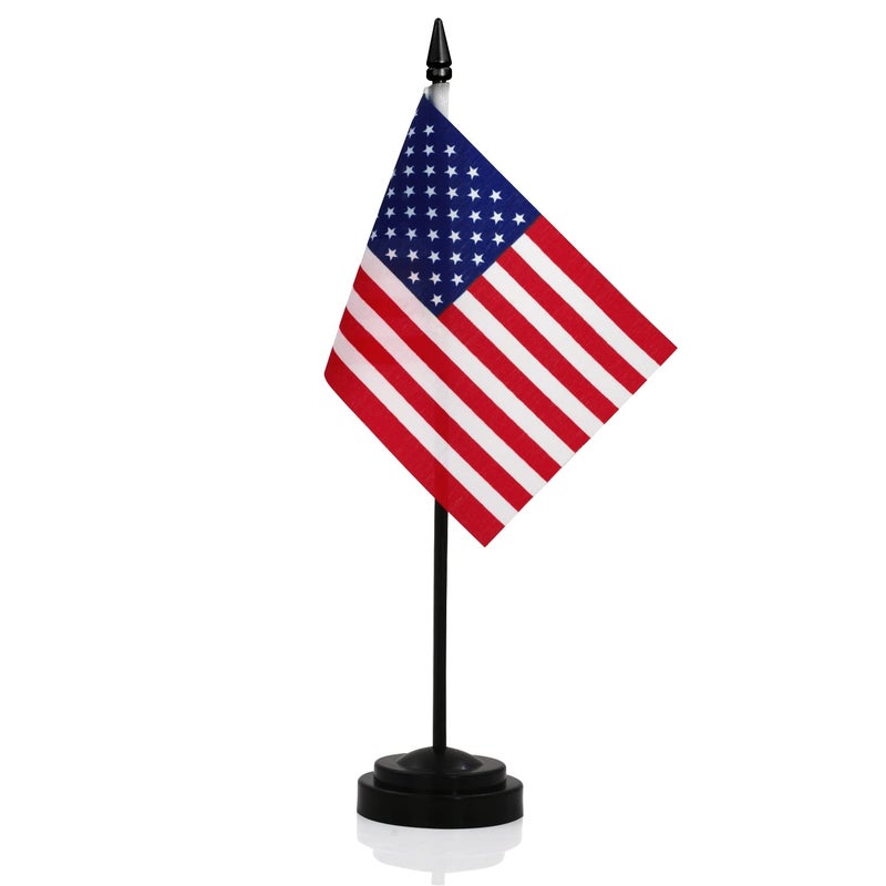 ANLEY American Deluxe Desk Flag Set - 6 x 4 inch Miniature US National Desktop Flag with 12" Solid Pole - Vivid Color and Fade Resistant - Black Base and Spear Top - Image 1