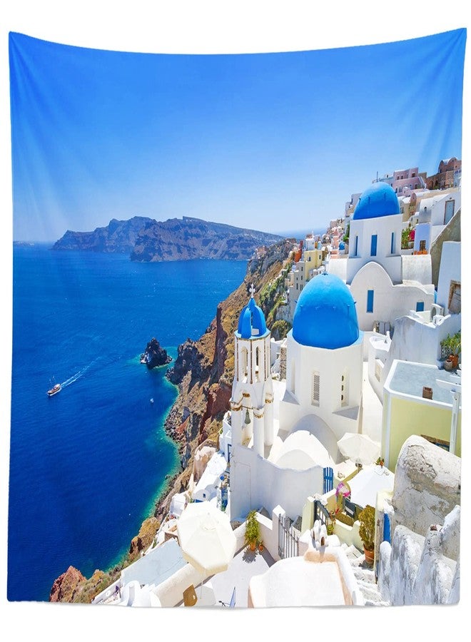 Loccor Greece Santorini Island Tapestry Greek Oia Village Building Blue Coastline Wall Tapestry Europe Landmark Wall Hanging Aegean Sea View Wall Art for Living Room Bedroom Dorm Home Decor 60x50inch - Image 3