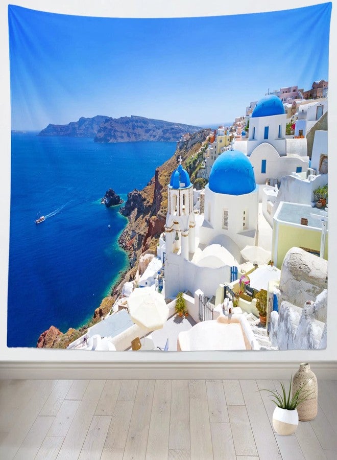 Loccor Greece Santorini Island Tapestry Greek Oia Village Building Blue Coastline Wall Tapestry Europe Landmark Wall Hanging Aegean Sea View Wall Art for Living Room Bedroom Dorm Home Decor 60x50inch - Image 1