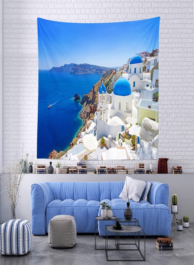 Loccor Greece Santorini Island Tapestry Greek Oia Village Building Blue Coastline Wall Tapestry Europe Landmark Wall Hanging Aegean Sea View Wall Art for Living Room Bedroom Dorm Home Decor 60x50inch - Image 4