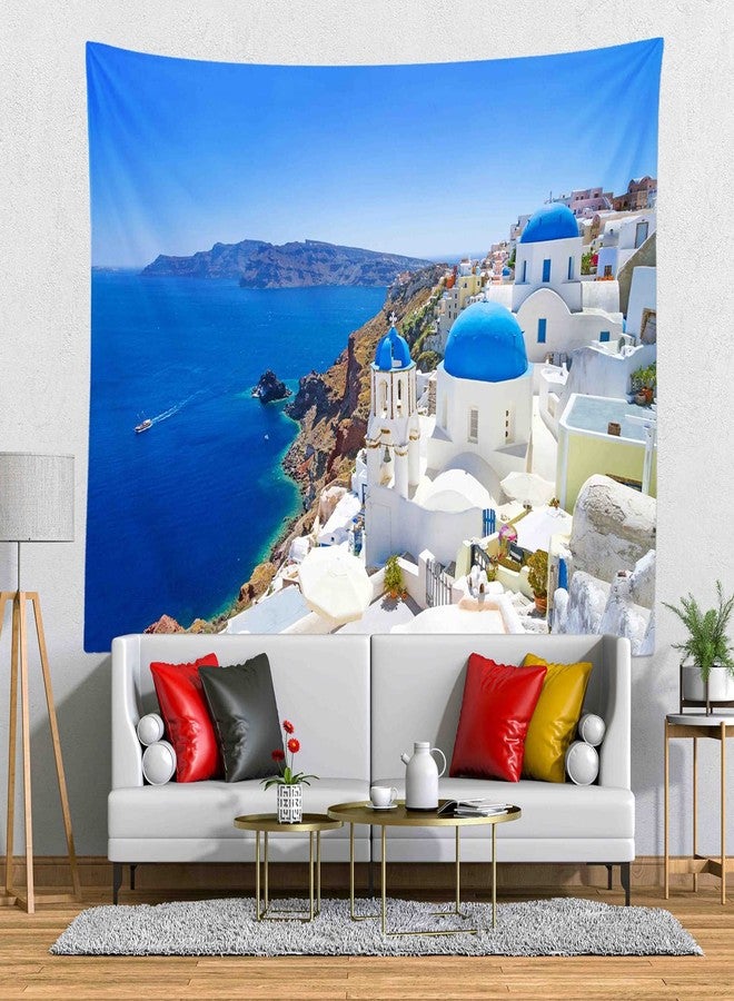 Loccor Greece Santorini Island Tapestry Greek Oia Village Building Blue Coastline Wall Tapestry Europe Landmark Wall Hanging Aegean Sea View Wall Art for Living Room Bedroom Dorm Home Decor 60x50inch - Image 2