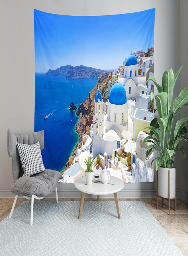 Loccor Greece Santorini Island Tapestry Greek Oia Village Building Blue Coastline Wall Tapestry Europe Landmark Wall Hanging Aegean Sea View Wall Art for Living Room Bedroom Dorm Home Decor 60x50inch - Image 5