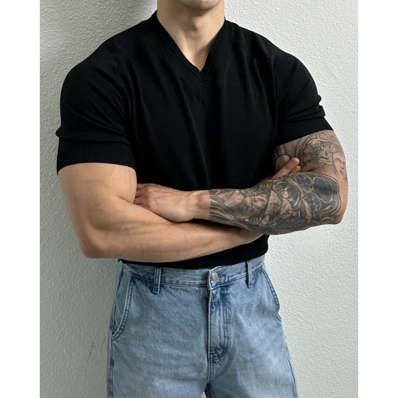 Summer American Ice Silk T-Shirt For Muscular Men With V-Neck Design Raglan Short-Sleeved Breathable Fit Pure Color Knitted Top